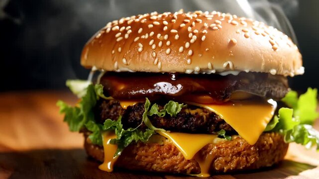 Yummy fast food burger close up. Hot tasty hamburger background. Unhealthy junk food concept. Fresh cheeseburger closeup. Lunch snack delivery. Delicious juicy fastfood. Macro view. Beef restaurant.