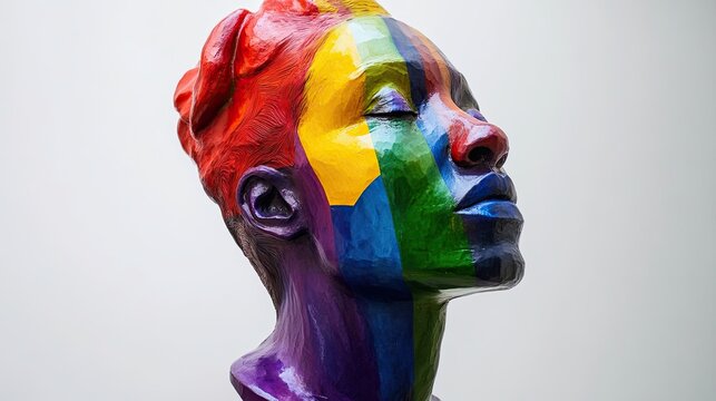 Modern head sculpture featuring LGBTQ symbols and pride colors reflecting unity and strength through artistic expression