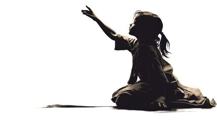 Profile silhouette of a beggar girl with a lowered head and extended hand