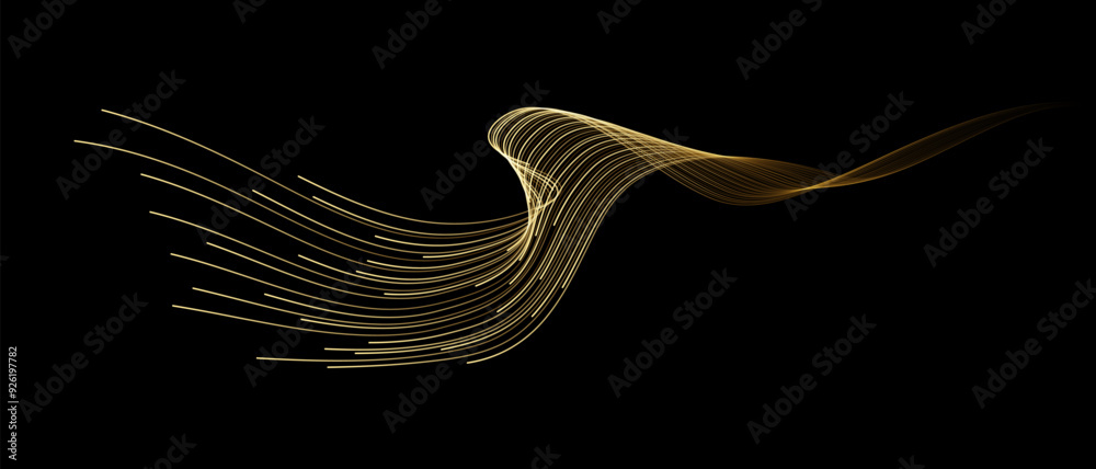 Aufkleber Abstract vector wavy lines flowing smooth curve gold gradient color on black background in concept of luxury, technology, science, music, modern.