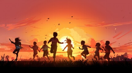Silhouette of a group of children jumping and playing together on a grassy field during sunset,