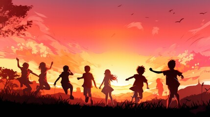 Silhouette of a group of children jumping and playing together on a grassy field during sunset,