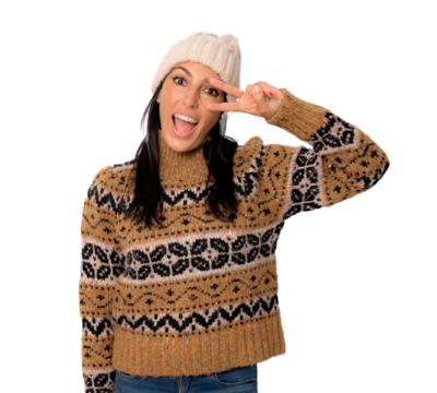 Young beautiful woman wearing winter sweater standing over transparent background smiling with happy face winking at the camera doing victory sign. Number two.