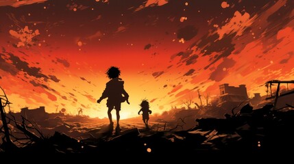 Fototapeta premium Silhouettes of children fleeing through a barren, war-ravaged landscape
