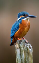 Fototapeta premium A vibrant kingfisher perched on a weathered wooden post with a soft, blurred background - AI Generated Digital Art