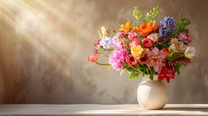 white vase with colorful flowers on the table against a light background