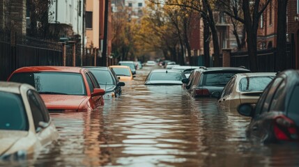 Street lined with cars submerged in floodwater, water lapping at the doors and windows, creating a stark image of a natural disaster in an urban setting.