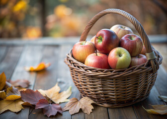 Basket of Fresh Apples on Rustic Wooden Table with Autumn Leaves