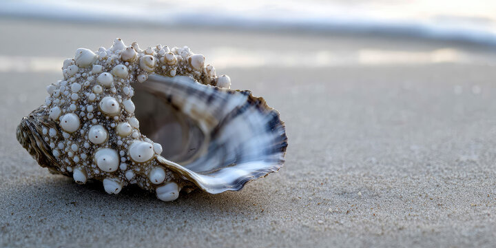 Closeup an oyster shell covered in barnacles on the beach