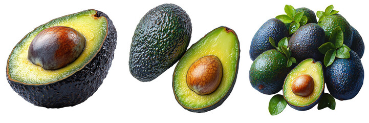 Fresh Avocado Cut in Half with Seed and Whole Avocados Displayed in High-Resolution Transparent Background for Perfect Healthy Food and Recipe Designs