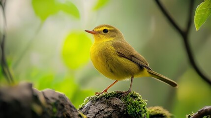 Fototapeta premium A small yellow bird sits atop a moss-covered tree branch, surrounded by green leaves