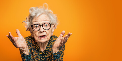 Elderly senior woman, looking acrimonious, hands spread in front of her. Studio photo, copy space on side. Generative AI