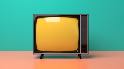 Yellow orange color old vintage retro television on table with mint blue background. Neural network ai generated art