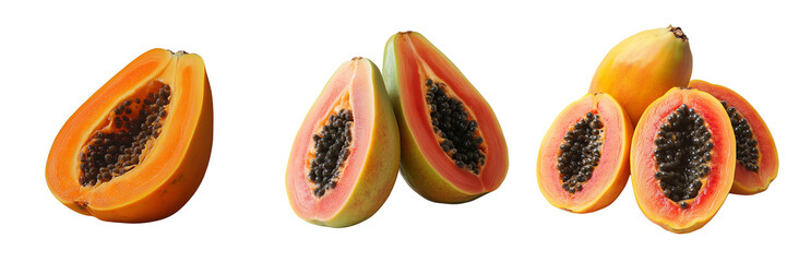 Fresh Papayas Cut in Half with Seeds on Transparent Background for Tropical Fruit Illustrations and Healthy Food Designs
