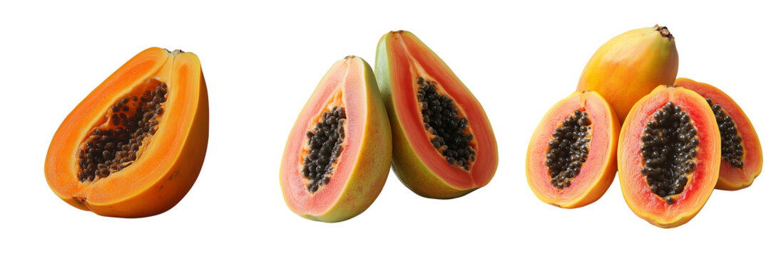 Fresh Papayas Cut in Half with Seeds on Transparent Background for Tropical Fruit Illustrations and Healthy Food Designs