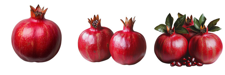 Fresh Whole Pomegranates with Leaves and Seeds on Transparent Background for Healthy Fruit Designs and Natural Food Illustrations