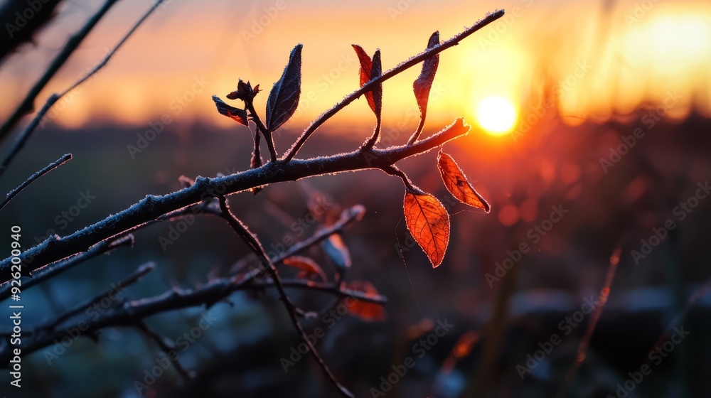 Wall mural a close-up of a tree branch with the sun setting in the background