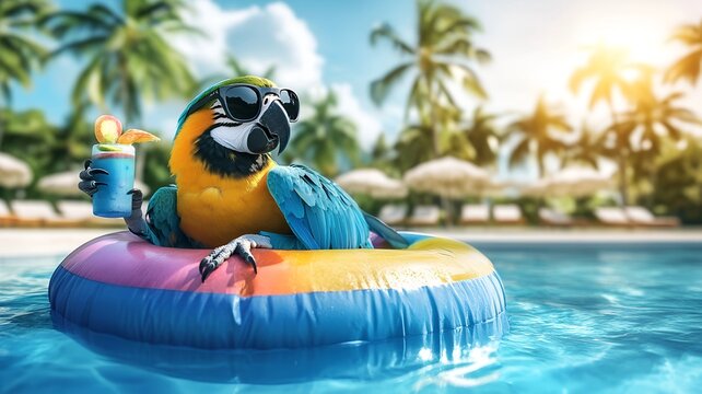 Blue parrot with black sunglasses lying on a inflatable colorfull ring in a clear swimming pool, holding in wing a beach coctailwith palm trees and sun loungers in the beach