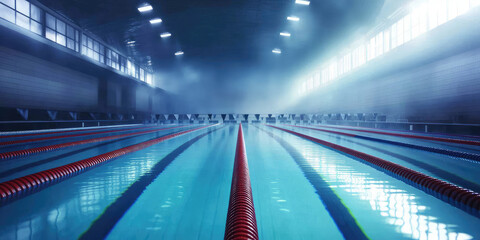 Empty large Pool Stadium with multiple lanes. Indoor Pool interior