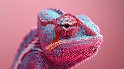 Obraz premium A colorful chameleon displays vibrant hues in a close-up shot against a soft pink background