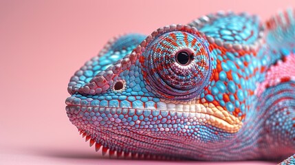 Fototapeta premium Colorful chameleon resting on a pastel backdrop showcasing vibrant scales and intricate patterns