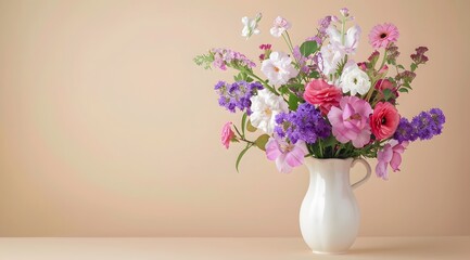 Fototapeta premium white vase with colorful flowers on the table against a light background