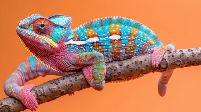 Vibrant chameleon perched on a branch against an orange background