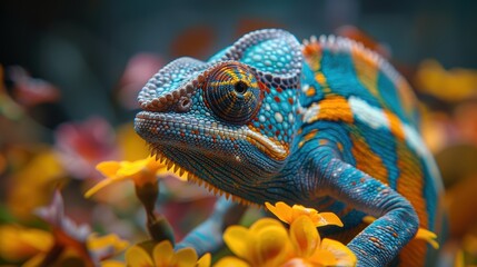 Colorful chameleon blending into vibrant flowers in a lush garden during daylight