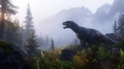  A towering dinosaur atop a verdant forest, surrounded by tall trees