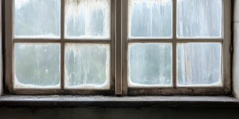 Extensive mold growth on window and slopes, mildew on window, damp, fungus