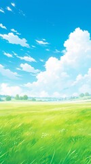Enchanting Anime-Style Summer Skies: Lush Meadows and Puffy White Clouds Drifting in the Breeze, a Perfect Wide-Format Abstract Art for Game Concept and 4K Wallpapers,anime style