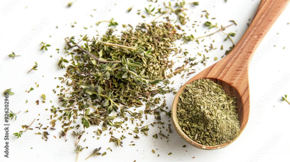 Wall mural Heap of dried thyme and a spoonful of thyme powder