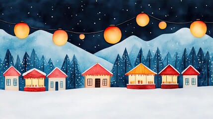Fototapeta premium Charming winter village scene with colorful houses, snow, and glowing lanterns against a starry night sky.