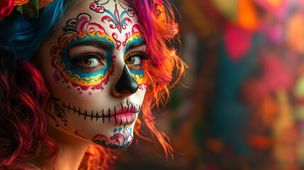 A woman with vibrant Día de los Muertos face paint and a colorful floral crown, embodying the spirit of the Mexican holiday in celebration of life and death.