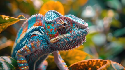 A vibrant chameleon perched on colorful foliage in a lush rainforest during the daytime