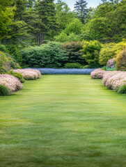 Obraz premium Calm and serene garden with ample copyspace, colorful skies and vegetation. Property outdoors conceptual image for reflection and relaxation.