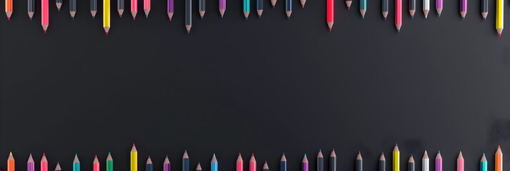 Obraz premium Colorful Pencils Frame on Black Background - Back to School, Creativity, Education, Design, Art, Drawing, Inspiration, Workspace, Office, School Supplies, Frame, Border