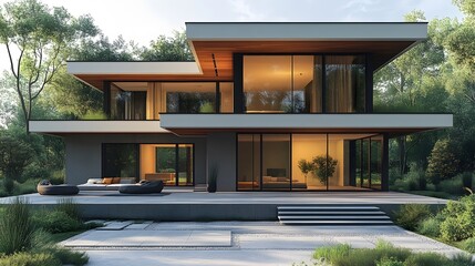 3D-rendered modern house, minimalistic in design, set on a white background, emphasizing clean...