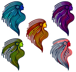 Obraz premium Abstract colorful line art silhouettes tribal illustrations. bold wavy headdress graphics. 