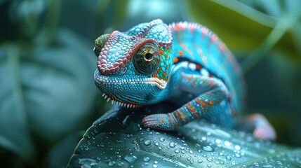 Colorful chameleon perched on a leaf in a tropical rainforest during daylight