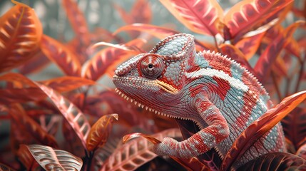 Obraz premium Colorful chameleon resting among vibrant red and orange foliage in a lush forest setting
