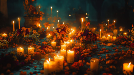 A vibrant altar setup featuring marigold flowers, candles, and decorative sugar skulls, honoring Día de los Muertos traditions in a warm candle-lit environment.