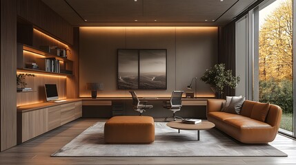 Professional workspace with a clean, minimalistic design, featuring modern furniture and a neutral color scheme, perfect for virtual backgrounds.