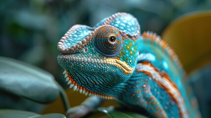 Colorful chameleon perched on a leaf in a lush rainforest during daylight