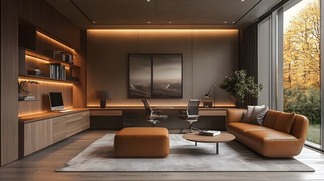 Professional workspace with a clean, minimalistic design, featuring modern furniture and a neutral color scheme, perfect for virtual backgrounds.