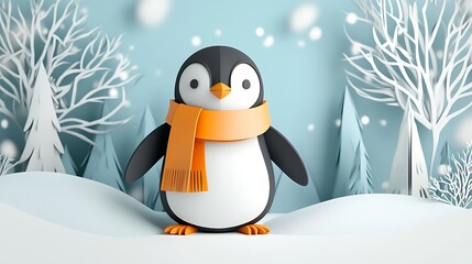 Playful Paper Art Penguin: Adorable 3D Render of a Penguin Wearing a Scarf in a Winter Wonderland Background