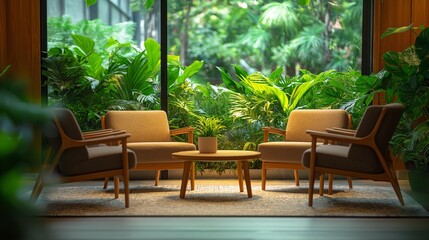 Obraz premium A chic, contemporary waiting area in a green office. cosy wooden chairs set up for the job interview
