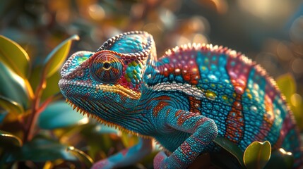 A vibrant chameleon perched on lush green leaves during a sunny afternoon