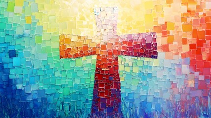 Abstract Mosaic Cross Painting -  A vibrant, colorful painting of a cross made of mosaic tiles with a rainbow gradient background. Perfect for religious, spiritual, or artistic design projects. 
