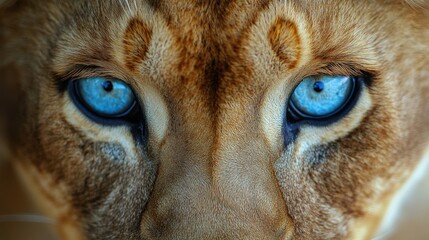 Close-up of a lioness's face with piercing blue eyes, showcasing the strength and beauty of African wildlife. Intense gaze and detailed fur texture in a natural predator, symbolizing power and grace.